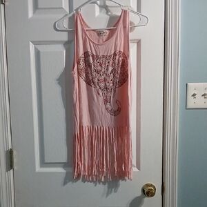 Y2K NWOT, Pink Elephant Graphic Fringe Tank Top